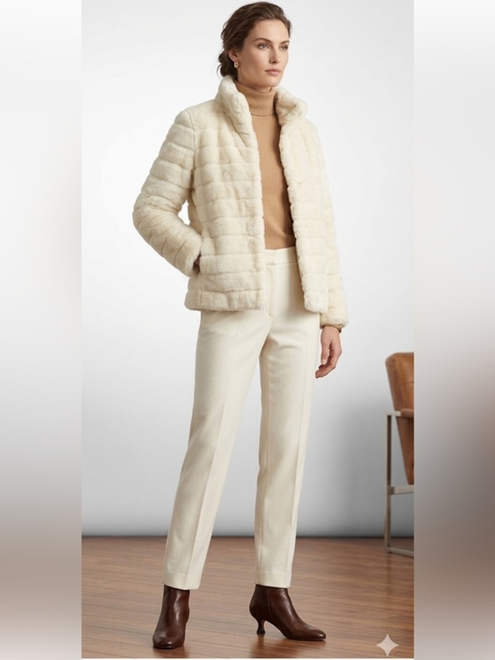 Cream Faux Fur Quilted Jacket Lined Size Small
